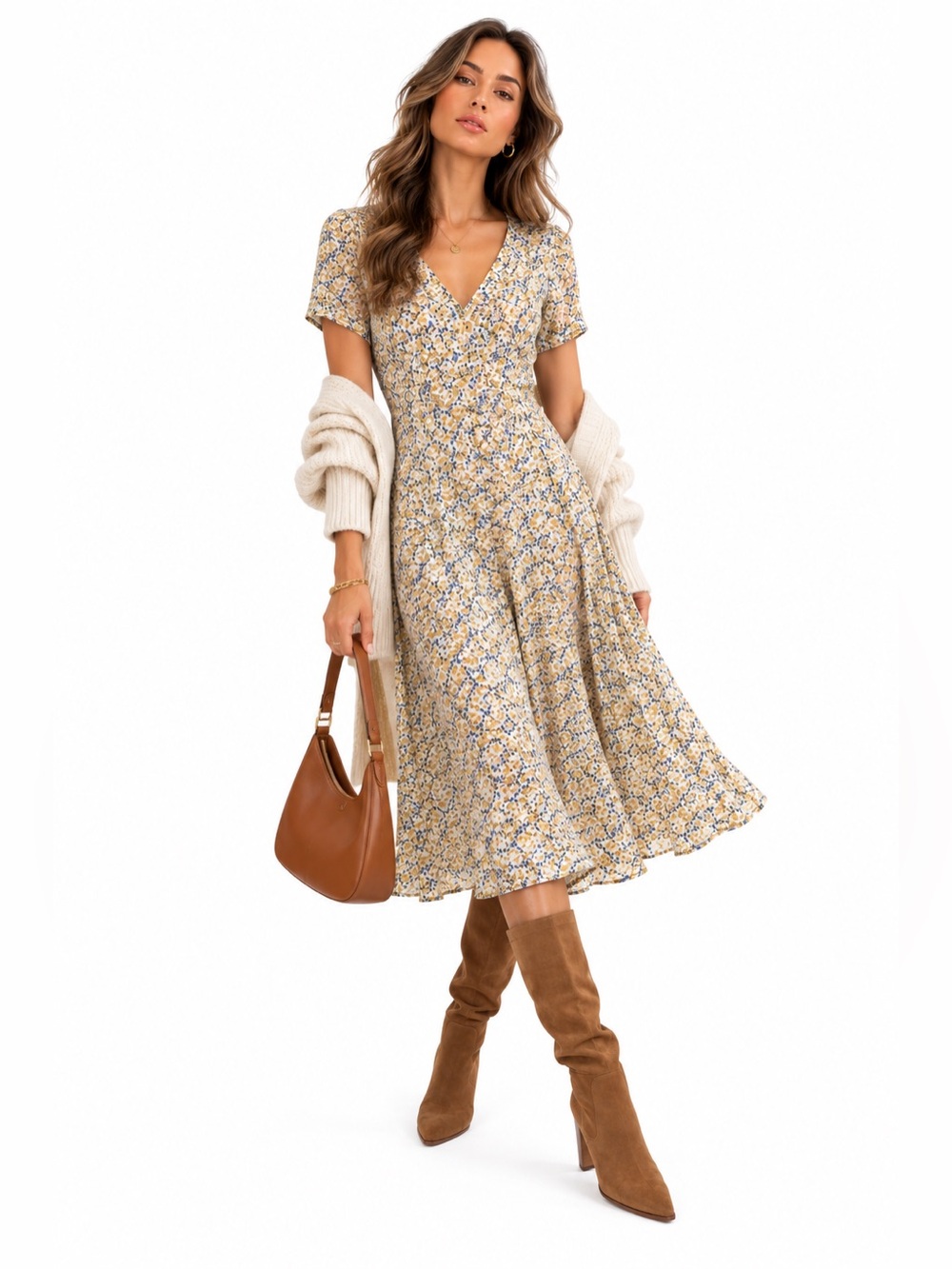 Uniqlo Mustard Yellow & Navy Floral V-Neck Midi Dress – Size Medium EUC